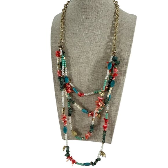 Multi Strand Layered Multicolor Chip Beaded Necklace Gold Tone Charms - Picture 1 of 13